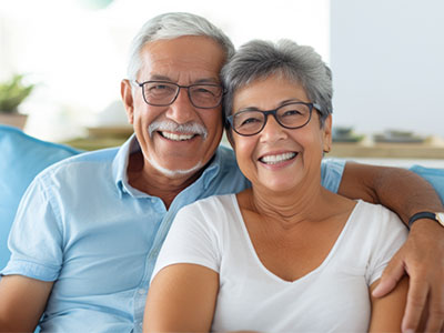 An elderly couple posing together for a photo with a warm, affectionate expression.