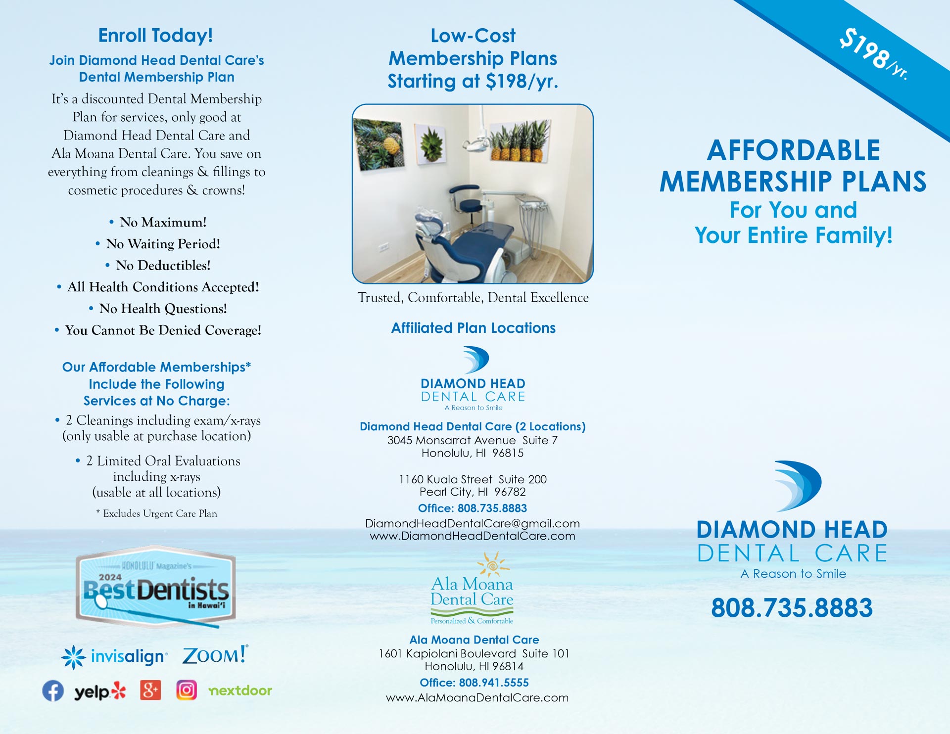 The image shows a flyer advertising dental membership plans, featuring a photograph of a dental office interior with a sign for  Diamond Head Dental Care  and an invitation to join their membership program.