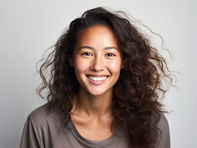 The image shows a smiling woman with curly hair against a white background.