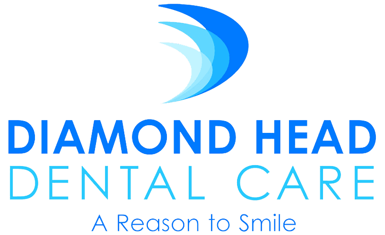 The image shows a logo with text that reads  DIAMOND HEAD DENTAL CARE  above a graphic of a smiling face, followed by the tagline  A Reason to Smile.  The logo includes a stylized design resembling an abstract head or profile, and there is a graphic element that appears to be a partial view of a bird or a swoosh.