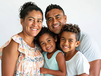 A family of four poses together with smiles, featuring a man, woman, and two children; they appear to be indoors.
