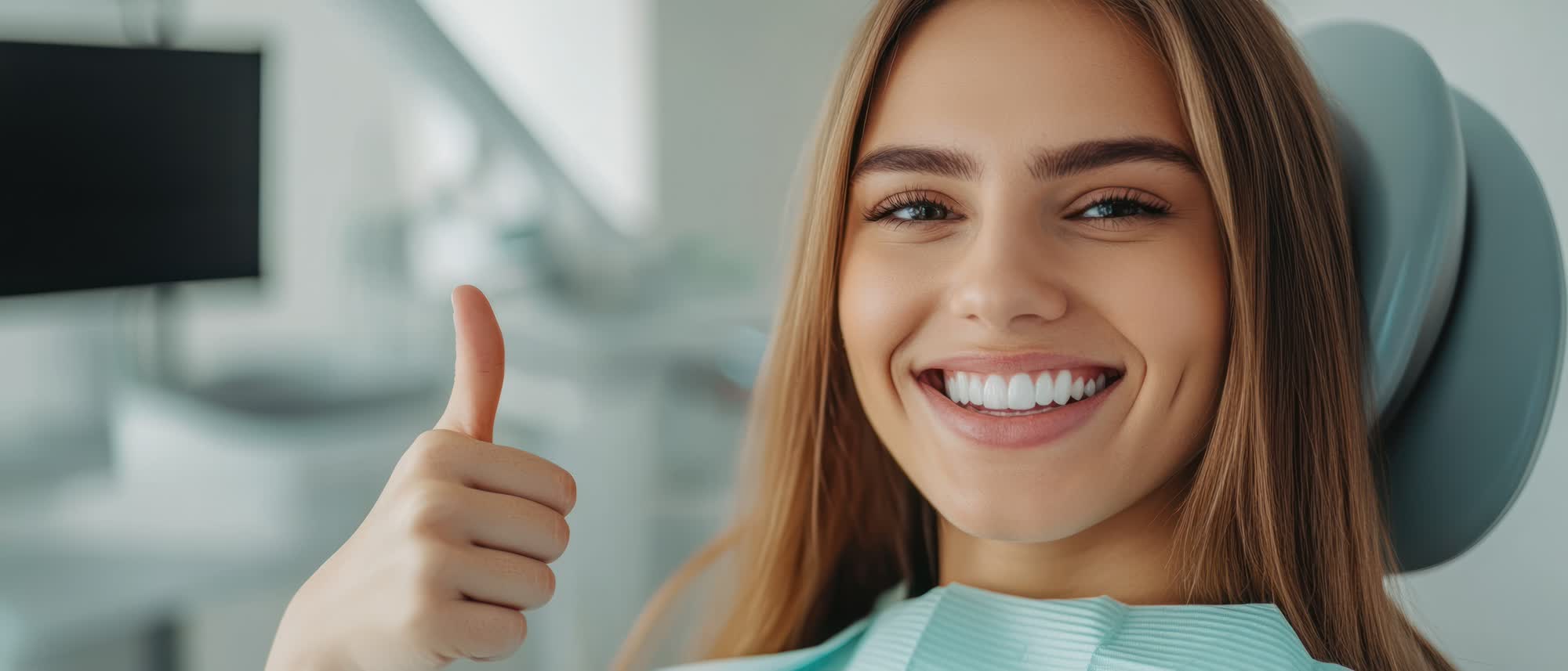 A smiling woman giving a thumbs-up gesture while sitting in a dental chair.