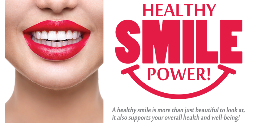The image features a graphic design with three sections  on the left, a close-up of a person s face wearing red lipstick  in the center, the text  HEALTHY SMILE POWER  with a smile icon and a heart symbol  and on the right, the same text  SMILE POWER  with a red lipstick graphic. The style is promotional or informational, likely related to dental health or cosmetic services.